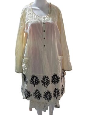 Gudrun Sjödén Block Print Tunic Dress L Cream Cotton Embroidered Boho Lagenlook